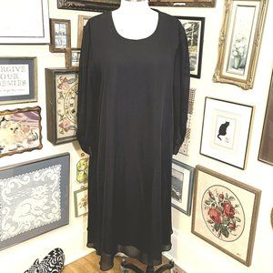 80s Vintage New Looks California Black A-Line Scoop Neck Long Sleeve Dress 18WP